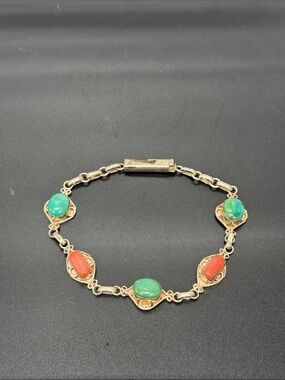 Sterling Bracelet with Green Turquoise and Coral Accents